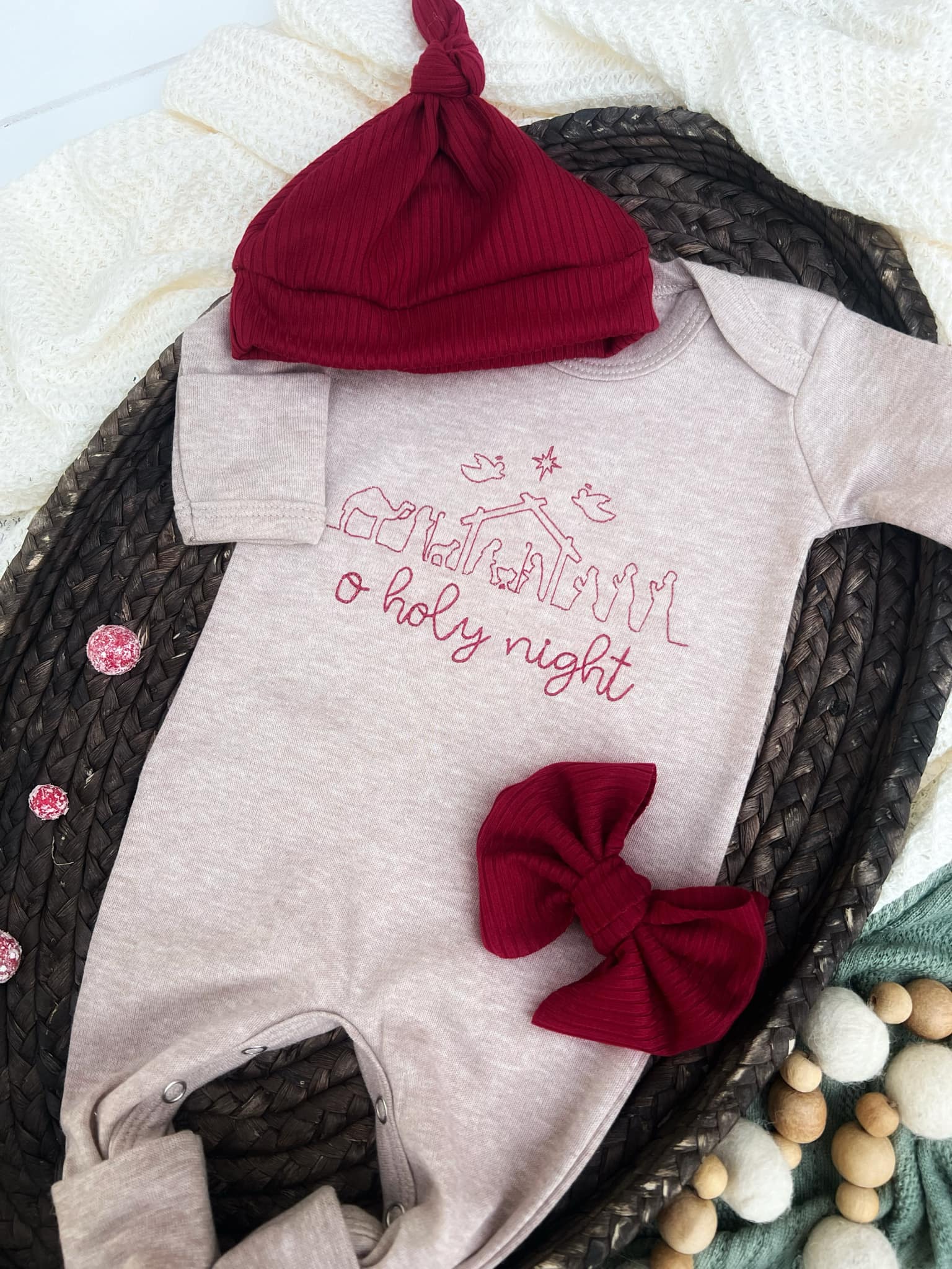 Baby Mocha Brown Romper | O' Holy Night Oatmeal Baby Outfit - Tiny Tots Boutique