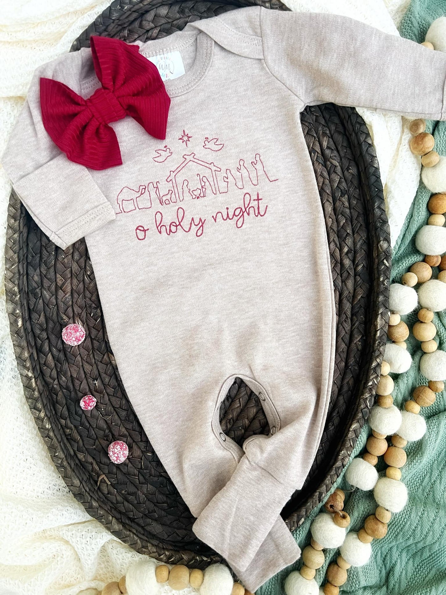 Baby Mocha Brown Romper | O' Holy Night Oatmeal Baby Outfit - Tiny Tots Boutique