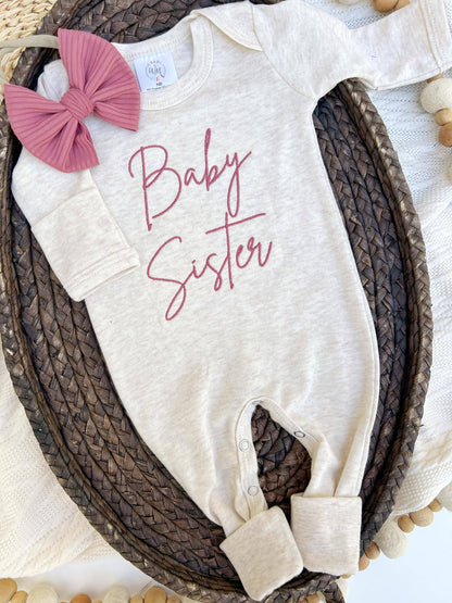 Baby Romper | Baby Sister Pink - Baby Announcement Outfit - Tiny Tots Boutique