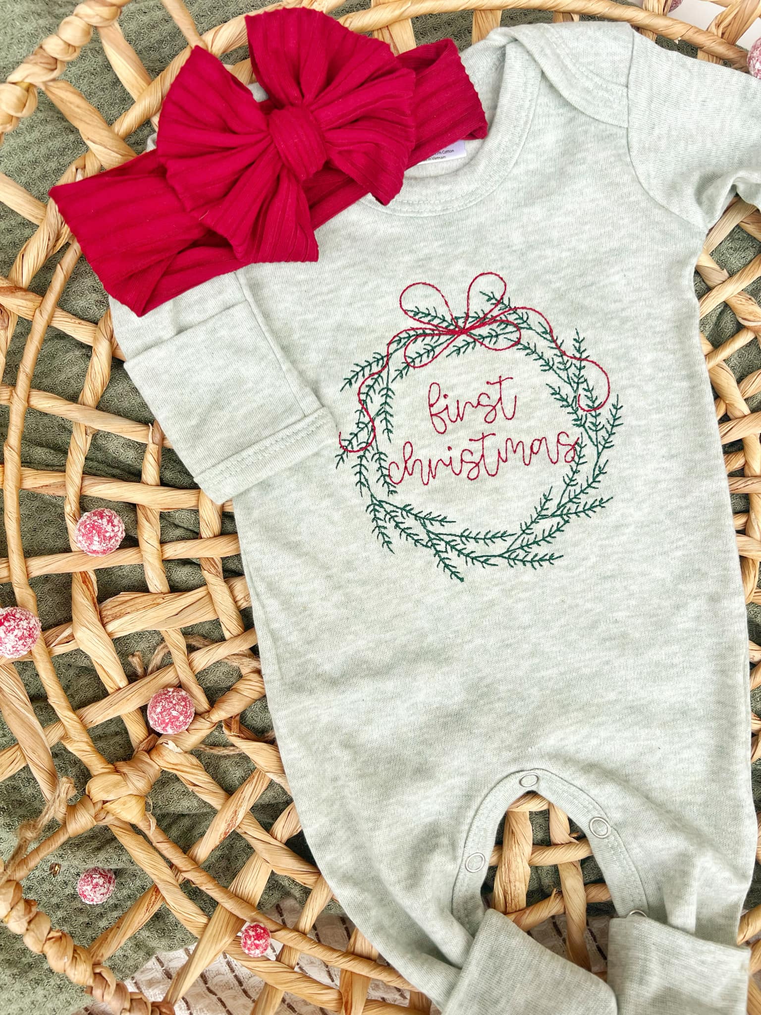 Baby Romper | Sage Green First Christmas Wreath Outfit - Tiny Tots Boutique