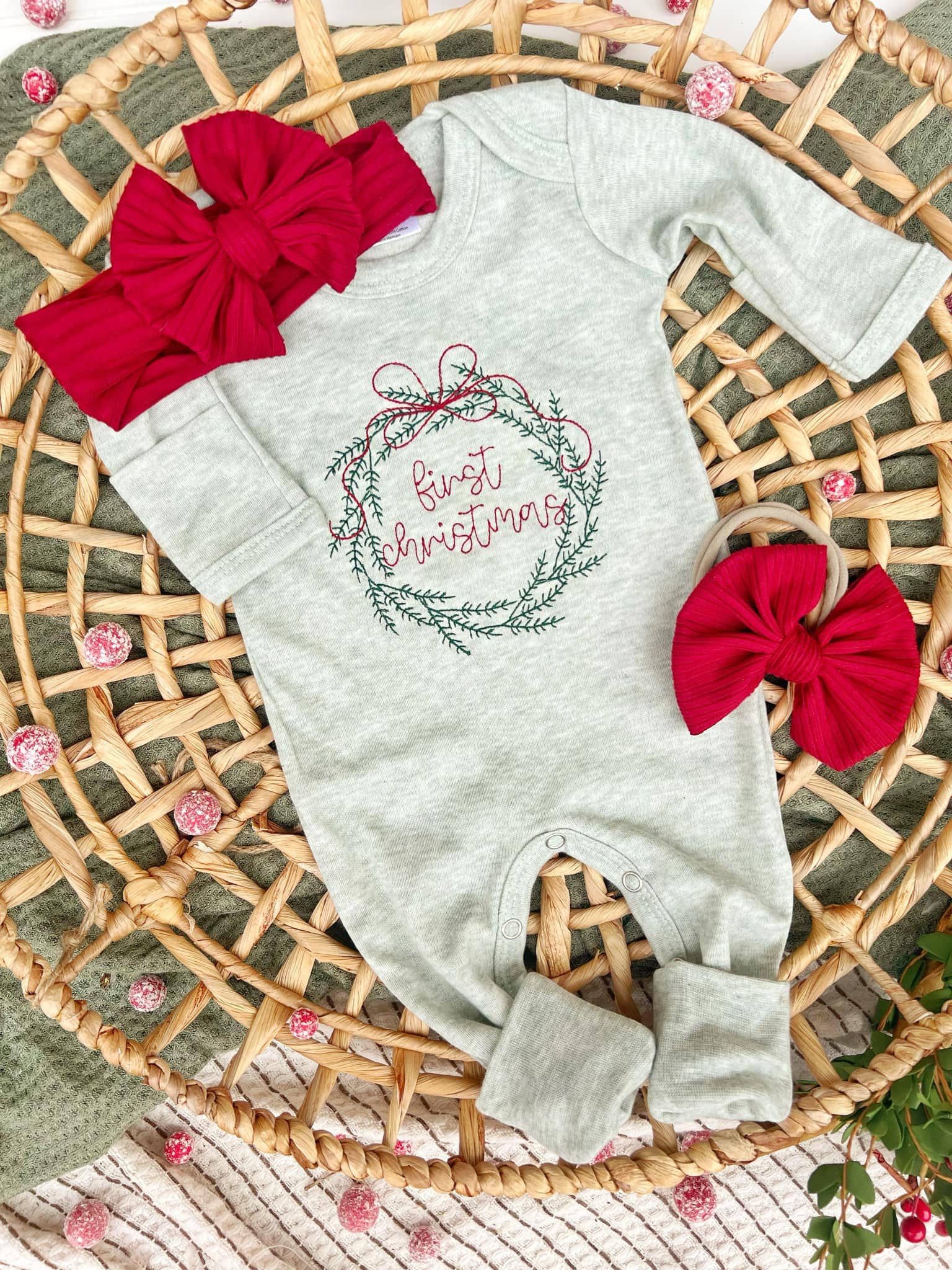 Baby Romper | Sage Green First Christmas Wreath Outfit - Tiny Tots Boutique