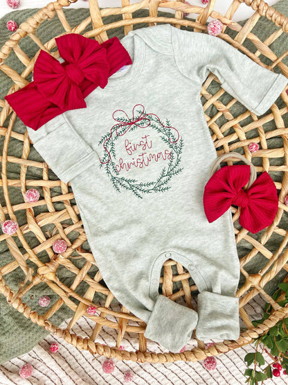 Baby Romper | Sage Green First Christmas Wreath Outfit - Tiny Tots Boutique