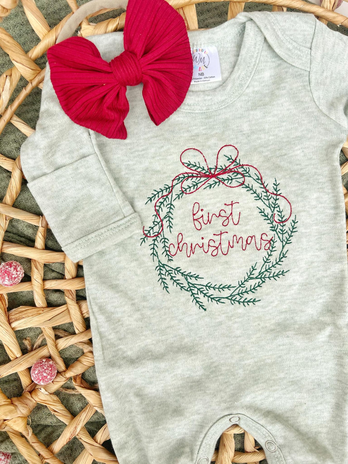 Baby Romper | Sage Green First Christmas Wreath Outfit - Tiny Tots Boutique