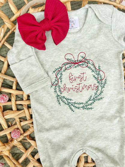 Baby Romper | Sage Green First Christmas Wreath Outfit - Tiny Tots Boutique