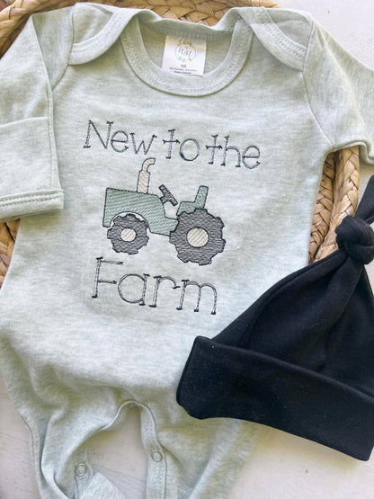 Baby Sage Romper | Baby Boy Outfit - Tractor New To The Farm - Tiny Tots Boutique