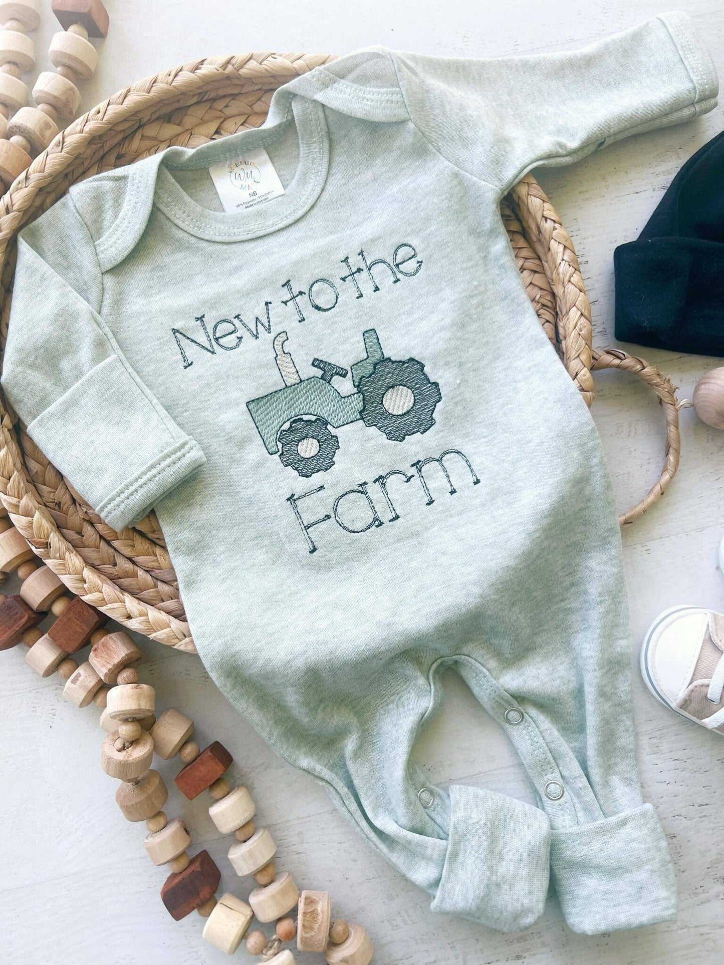 Baby Sage Romper | Baby Boy Outfit - Tractor New To The Farm - Tiny Tots Boutique
