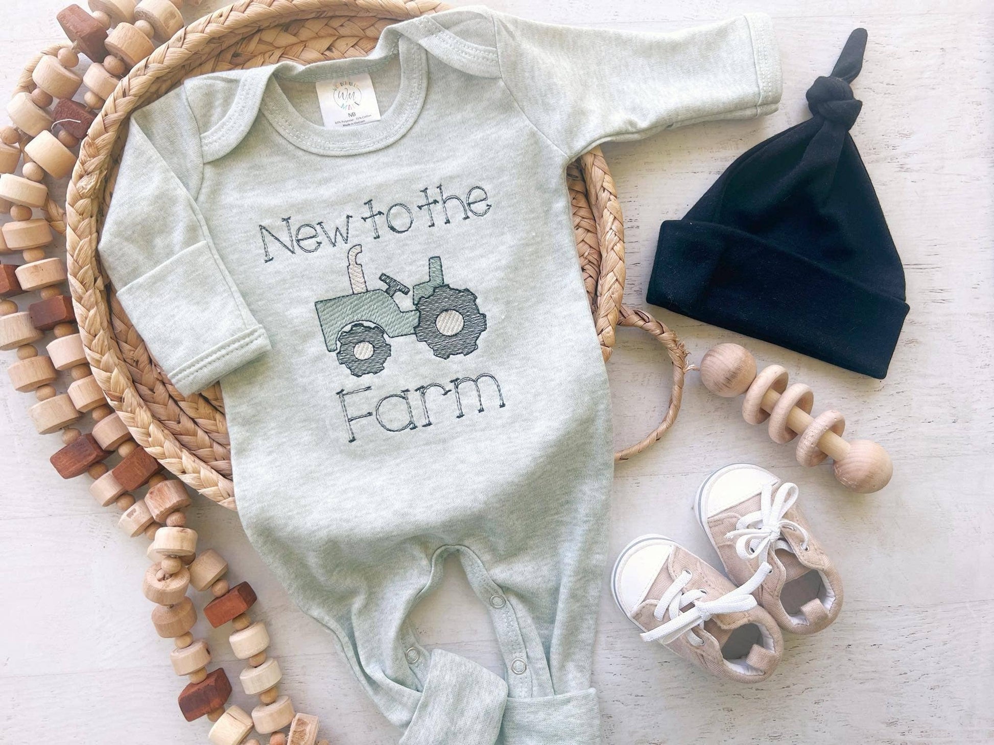 Baby Sage Romper | Baby Boy Outfit - Tractor New To The Farm - Tiny Tots Boutique