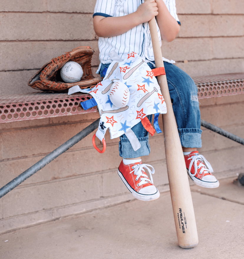 Baseball Baby Learning Lovey Tag Stroller Toy 10" x 10" - Tiny Tots Boutique