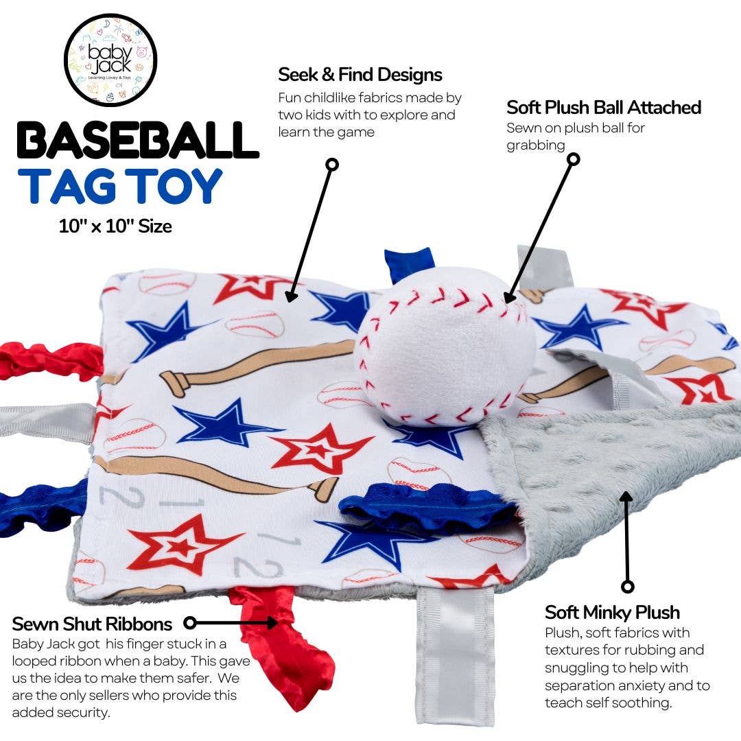 Baseball Baby Learning Lovey Tag Stroller Toy 10" x 10" - Tiny Tots Boutique