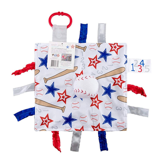 Baseball Baby Learning Lovey Tag Stroller Toy 10" x 10" - Tiny Tots Boutique