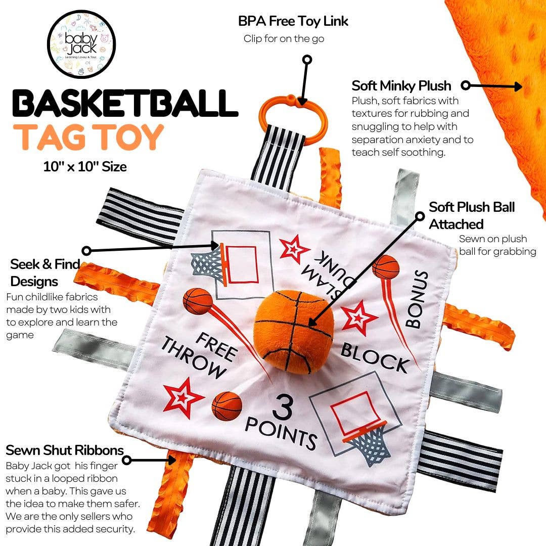 Basketball Baby Learning Lovey Tag Stroller Toy 10" x 10" - Tiny Tots Boutique
