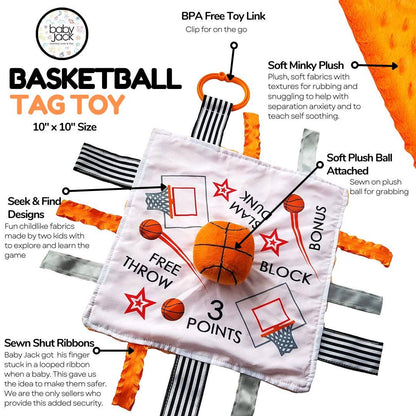 Basketball Baby Learning Lovey Tag Stroller Toy 10" x 10" - Tiny Tots Boutique