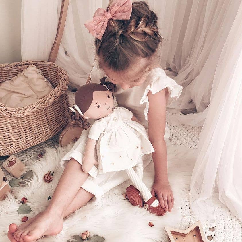 Cecilia Dk. Brown Hair in Cream Linen Dress with Display Box - Tiny Tots Boutique