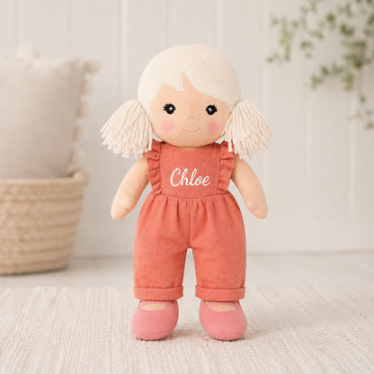 Organic Baby Doll Eco Friendly First Toy Personalized Soft Cotton Velour Construction Natural Materials Corn Husk Stuffing Embroidered Face Details Blonde Hair Design Gentle Cuddly Comfort Nurturing Play Development Baby Shower Gift