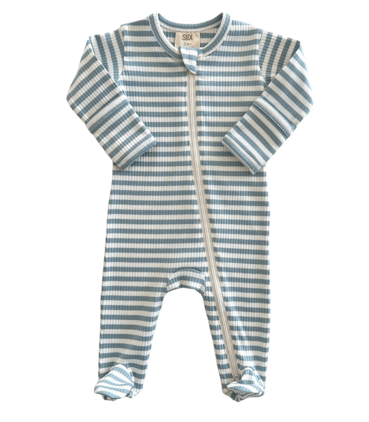Dusty Blue Stripe / Organic Ribbed Zip Footie - Tiny Tots Boutique