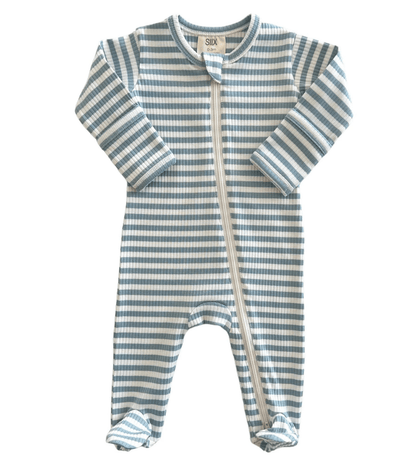 Dusty Blue Stripe / Organic Ribbed Zip Footie - Tiny Tots Boutique