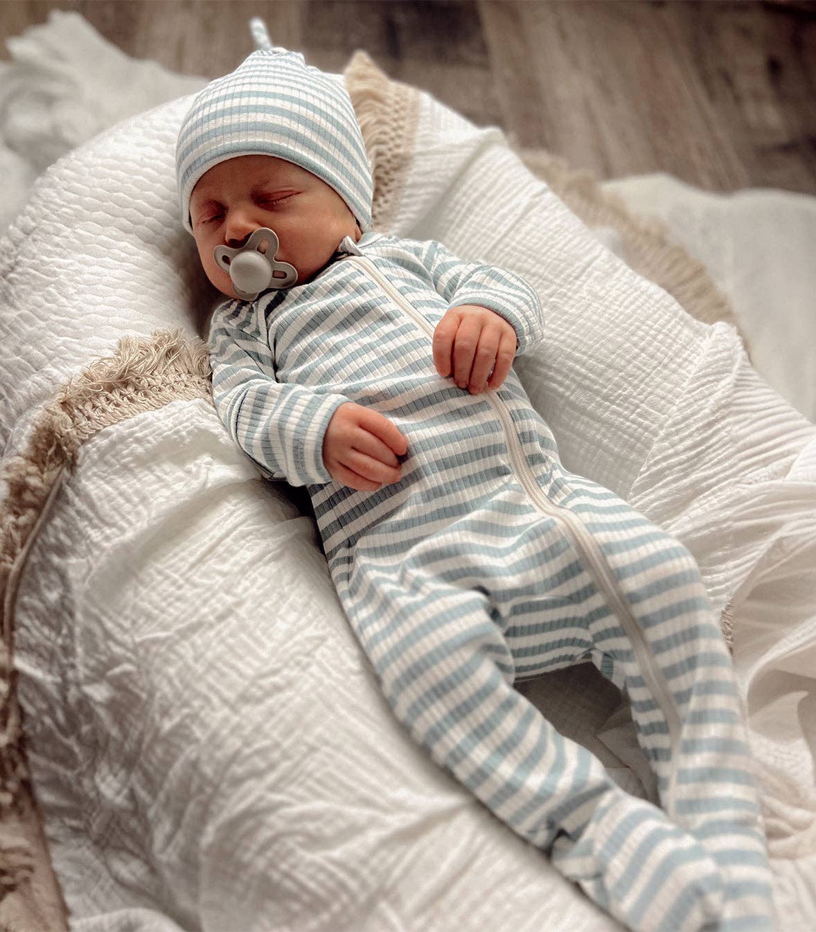 Dusty Blue Stripe / Organic Ribbed Zip Footie - Tiny Tots Boutique