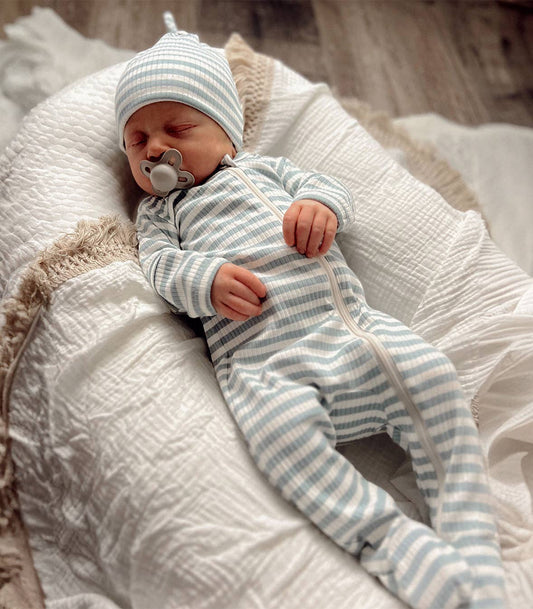 Dusty Blue Stripe / Organic Ribbed Zip Footie - Tiny Tots Boutique