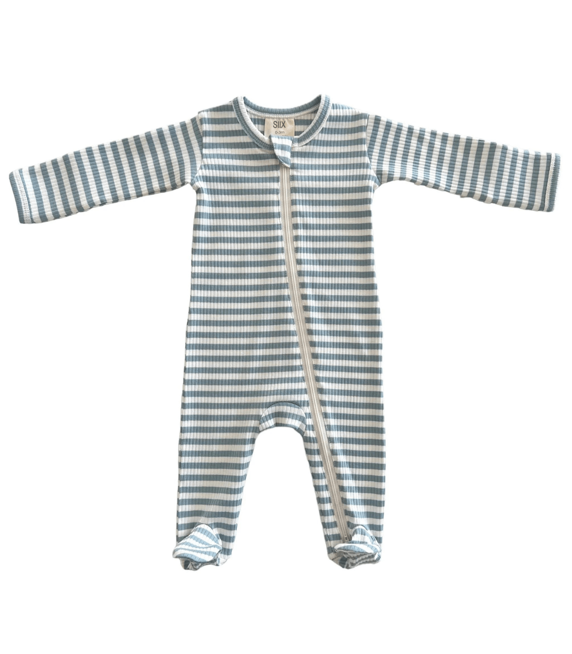 Dusty Blue Stripe / Organic Ribbed Zip Footie - Tiny Tots Boutique