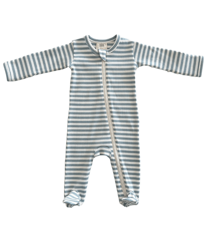 Dusty Blue Stripe / Organic Ribbed Zip Footie - Tiny Tots Boutique
