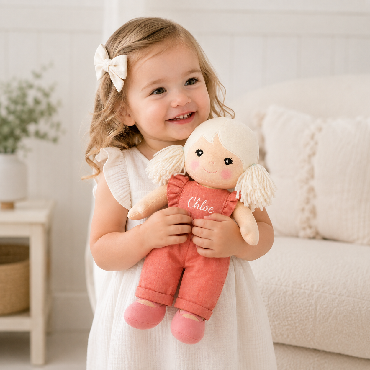 Personalized Baby Doll Organic Cotton Velour Soft First Toy Custom Name Gift Eco Friendly Construction Corn Husk Fiber Stuffing Embroidered Face Details Gentle Cuddly Design Nurturing Play Essential Imaginative Storytelling Toy Baby Shower