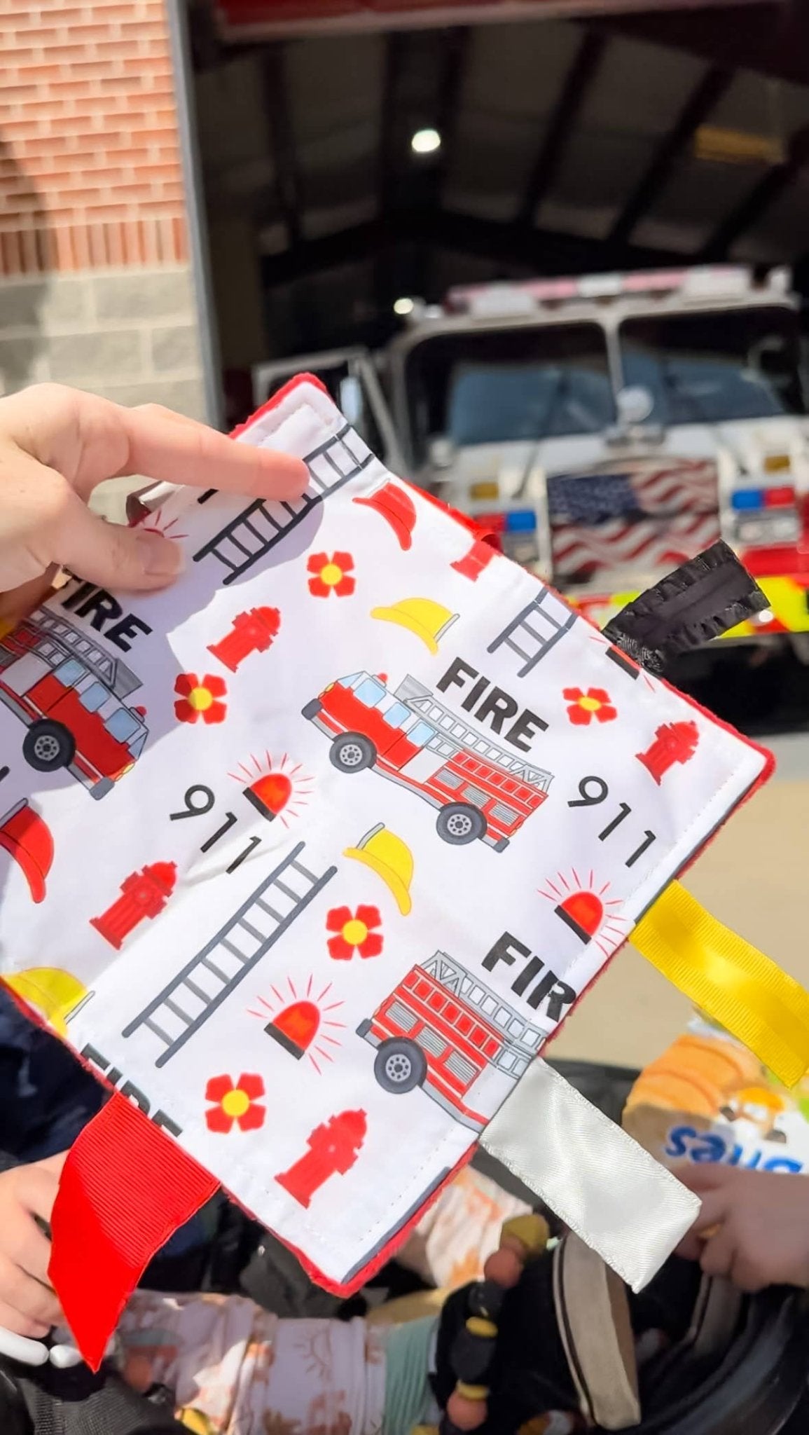Firetruck Crinkle Tag Square 8x8 Teach at Home Toy - Tiny Tots Boutique