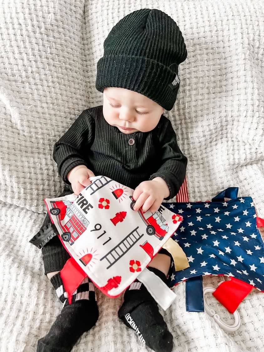 Firetruck Crinkle Tag Square 8x8 Teach at Home Toy - Tiny Tots Boutique