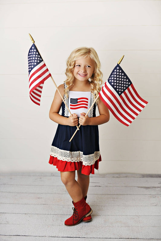 Girls American Flag Lace Ruffle Spring Summer Dress - Tiny Tots Boutique
