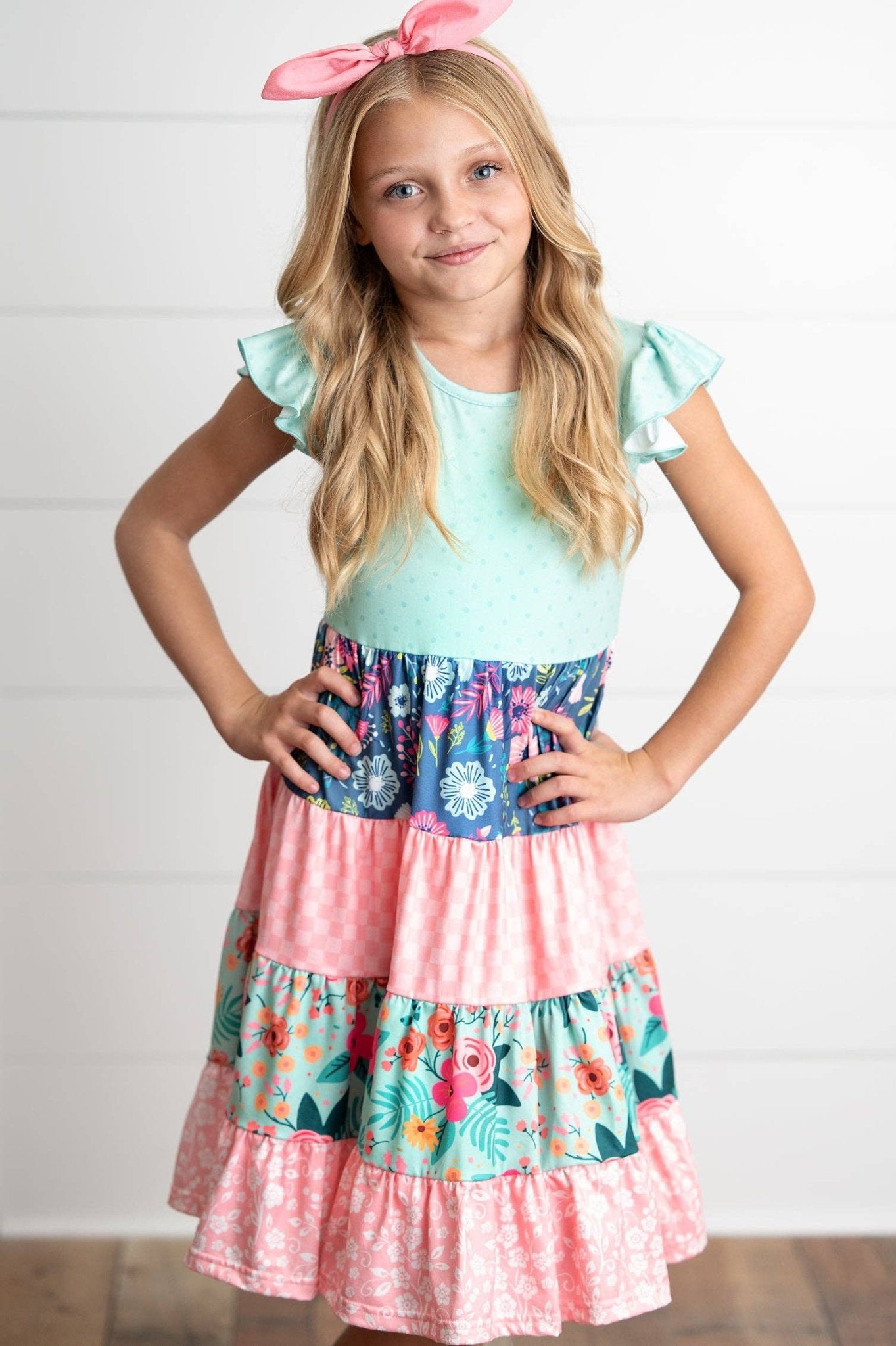 Girls Ava Coral Mint Floral Tiered Spring Easter Dress - Tiny Tots Boutique