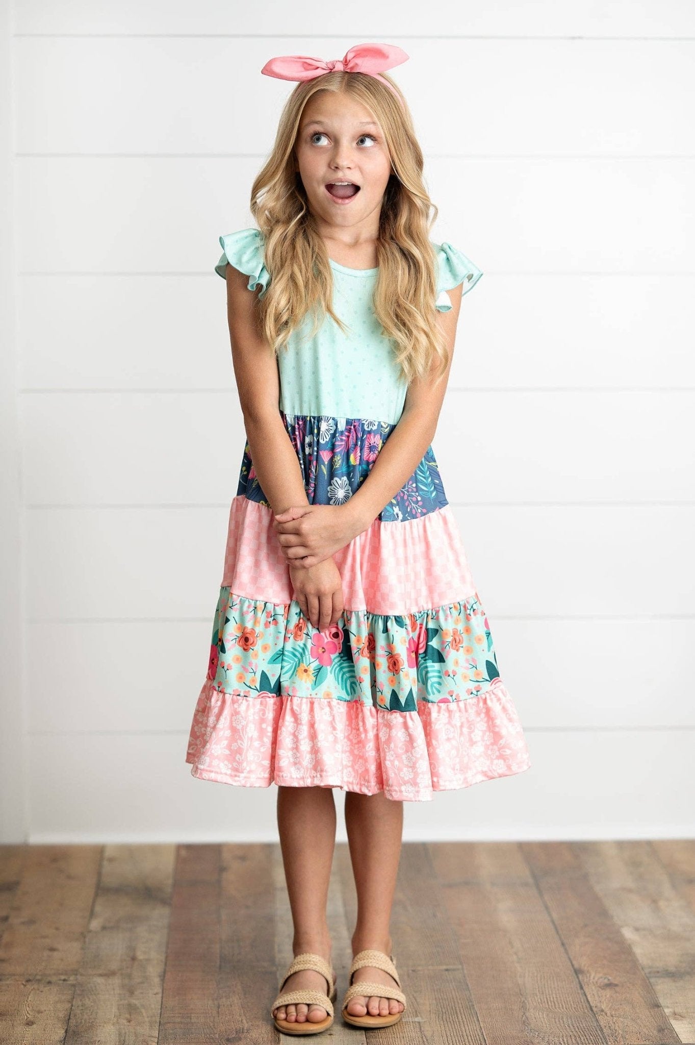 Girls Ava Coral Mint Floral Tiered Spring Easter Dress - Tiny Tots Boutique
