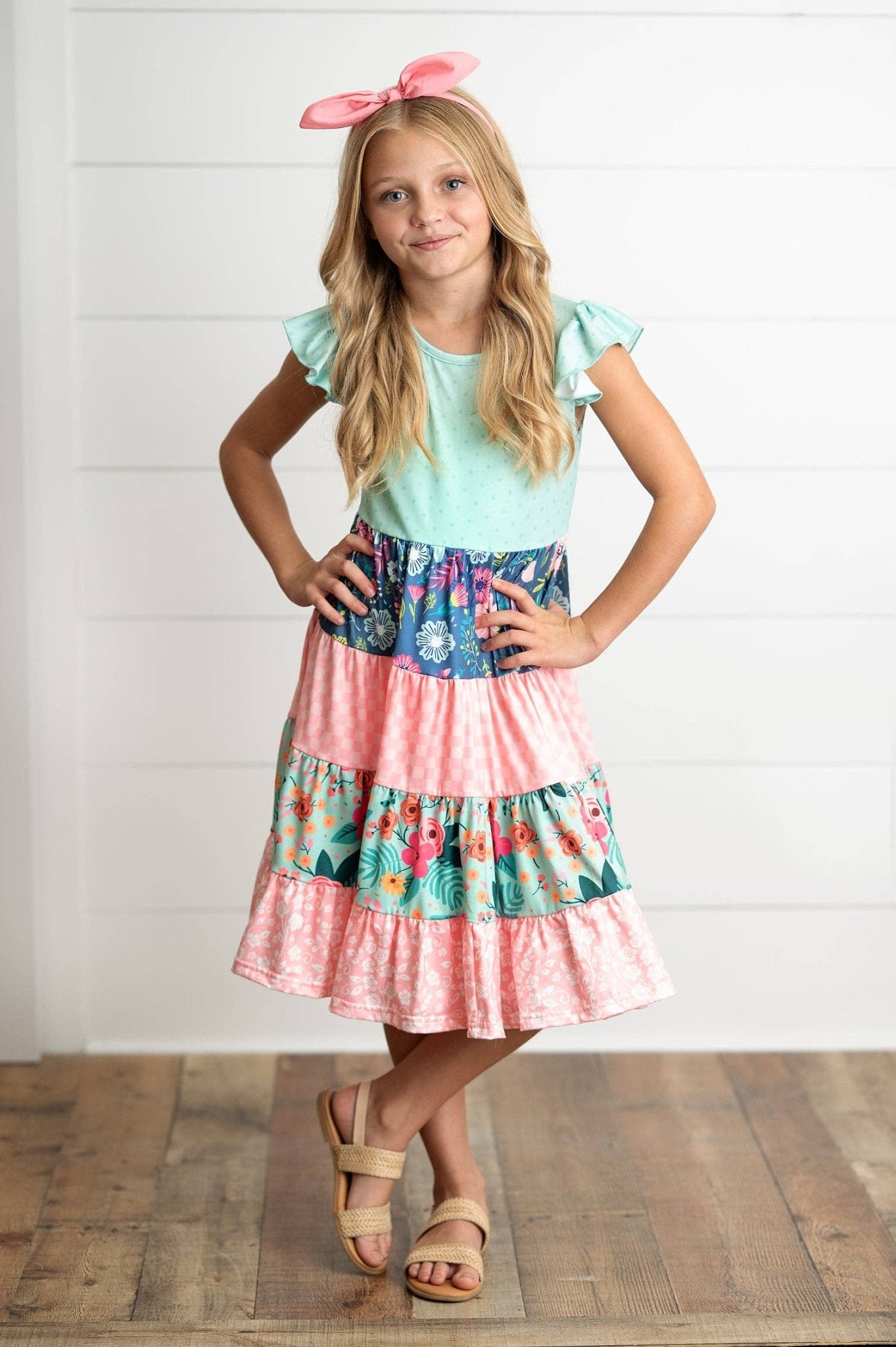 Girls Ava Coral Mint Floral Tiered Spring Easter Dress - Tiny Tots Boutique