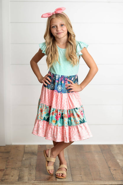 Girls Ava Coral Mint Floral Tiered Spring Easter Dress - Tiny Tots Boutique