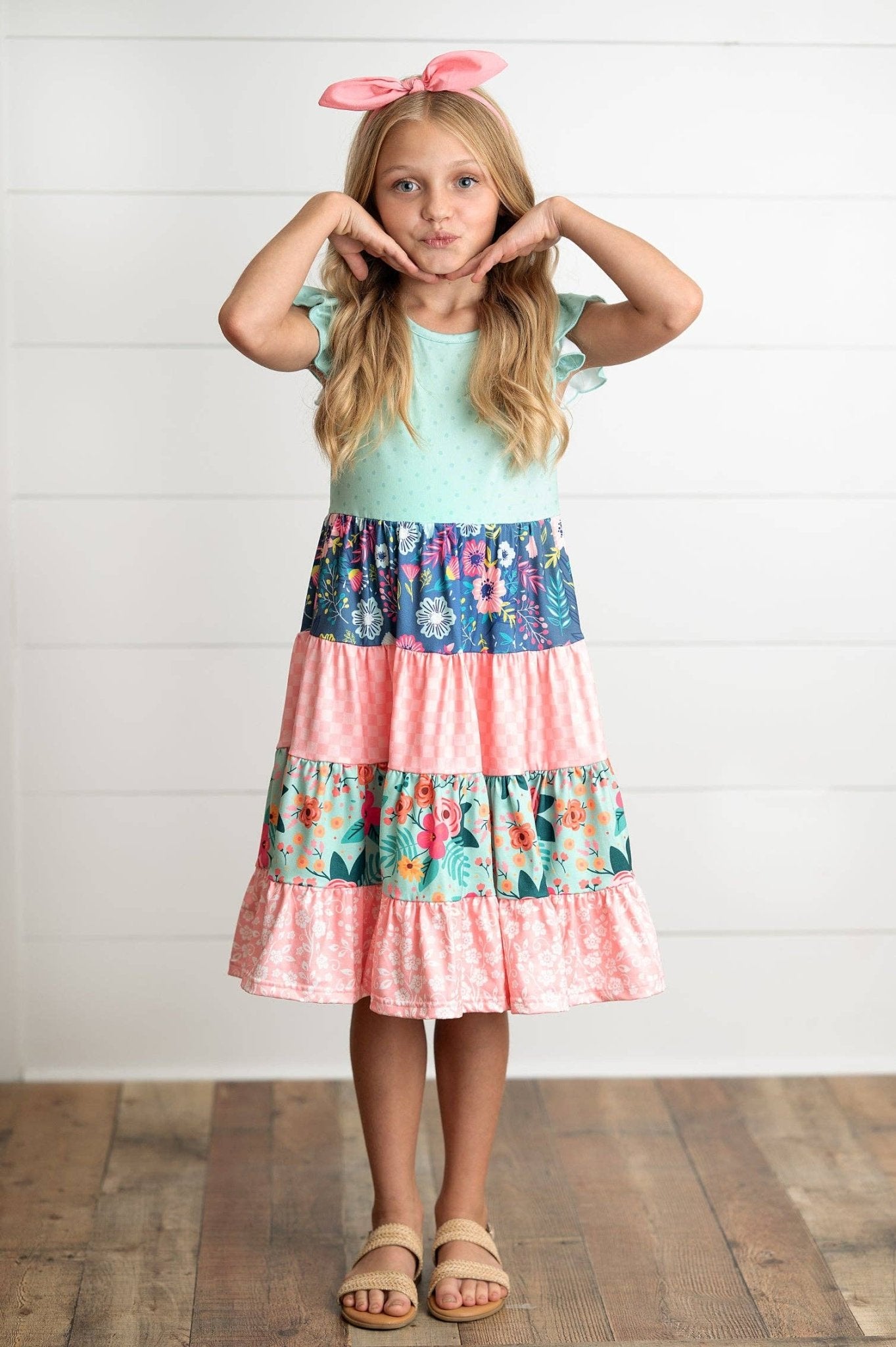 Girls Ava Coral Mint Floral Tiered Spring Easter Dress - Tiny Tots Boutique