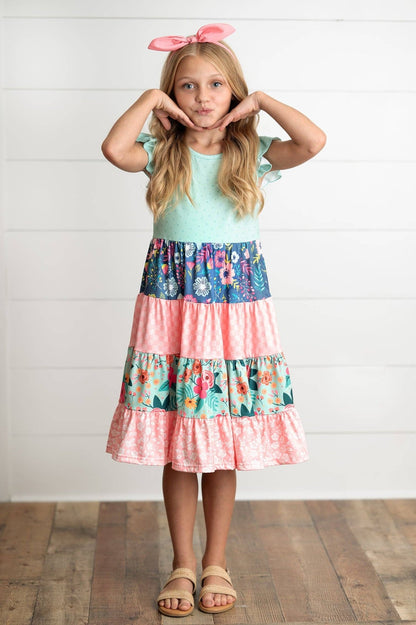 Girls Ava Coral Mint Floral Tiered Spring Easter Dress - Tiny Tots Boutique