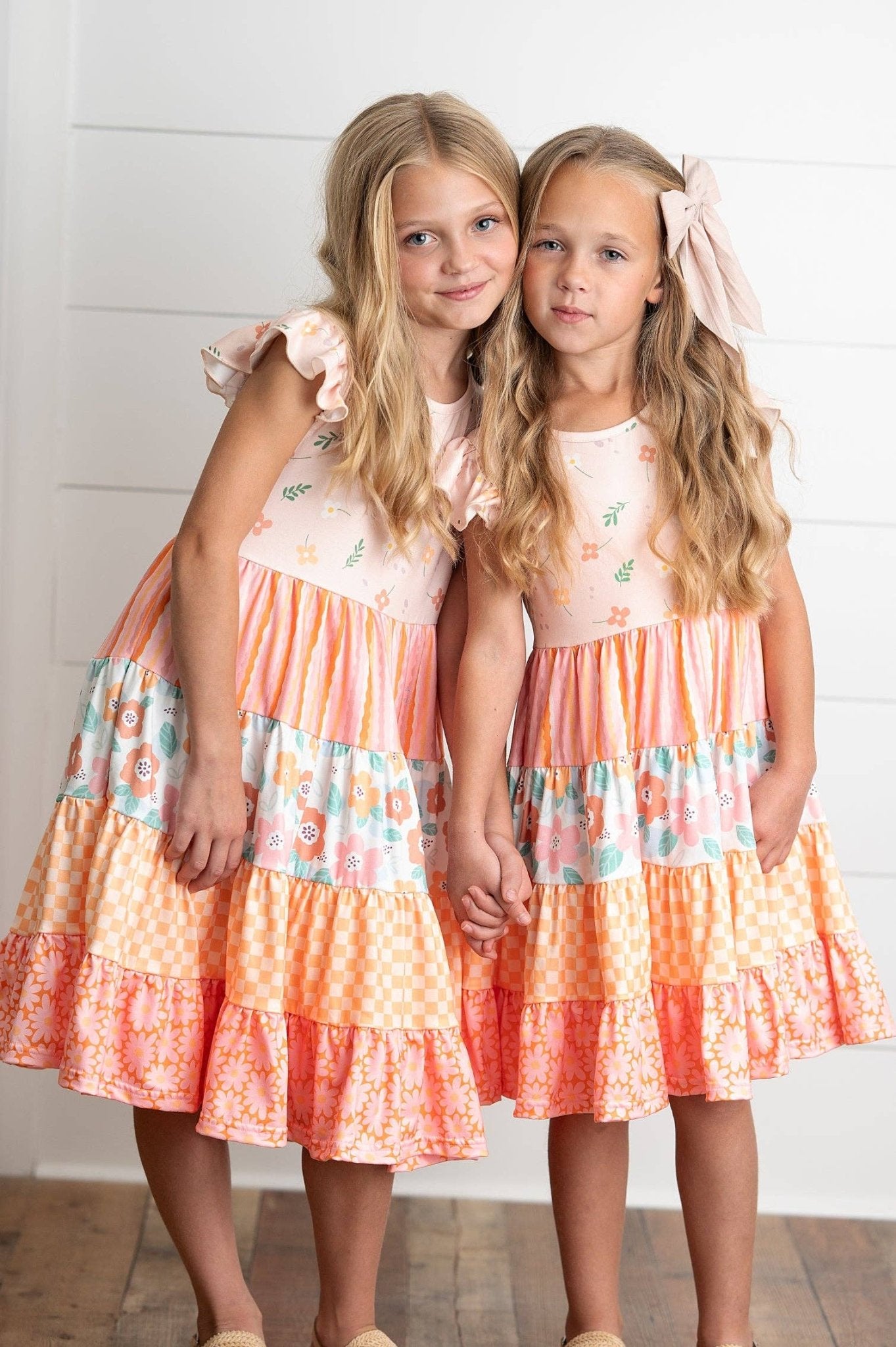 Girls Ava Peach Retro Floral Tiered Spring Easter Dress - Tiny Tots Boutique