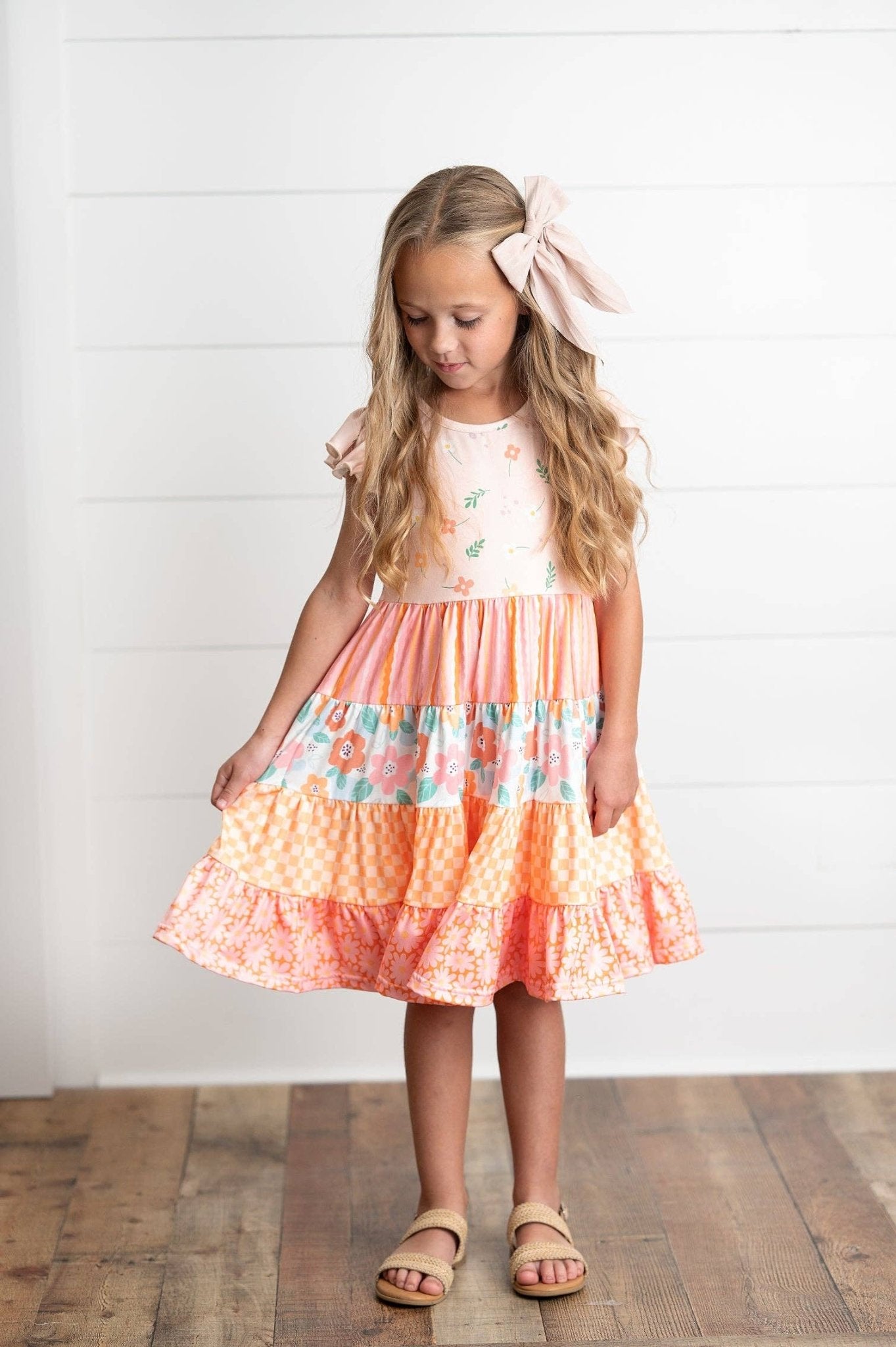 Girls Ava Peach Retro Floral Tiered Spring Easter Dress - Tiny Tots Boutique
