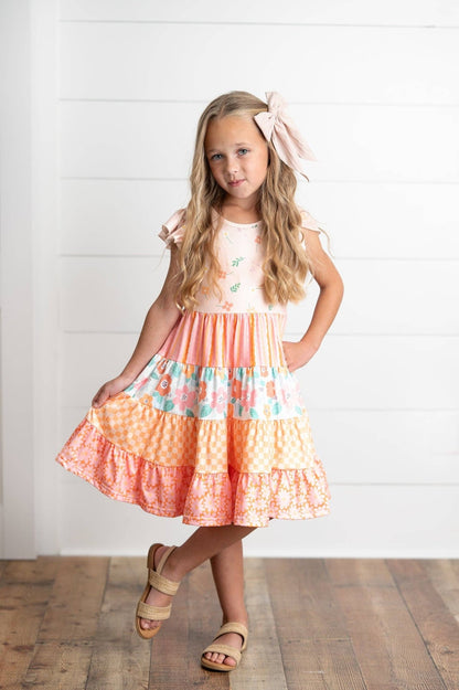 Girls Ava Peach Retro Floral Tiered Spring Easter Dress - Tiny Tots Boutique