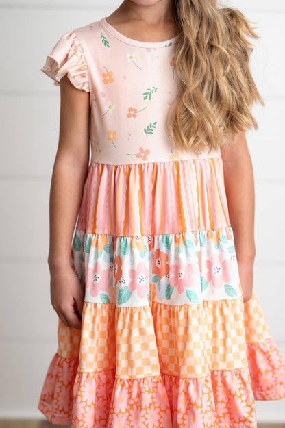 Girls Ava Peach Retro Floral Tiered Spring Easter Dress - Tiny Tots Boutique