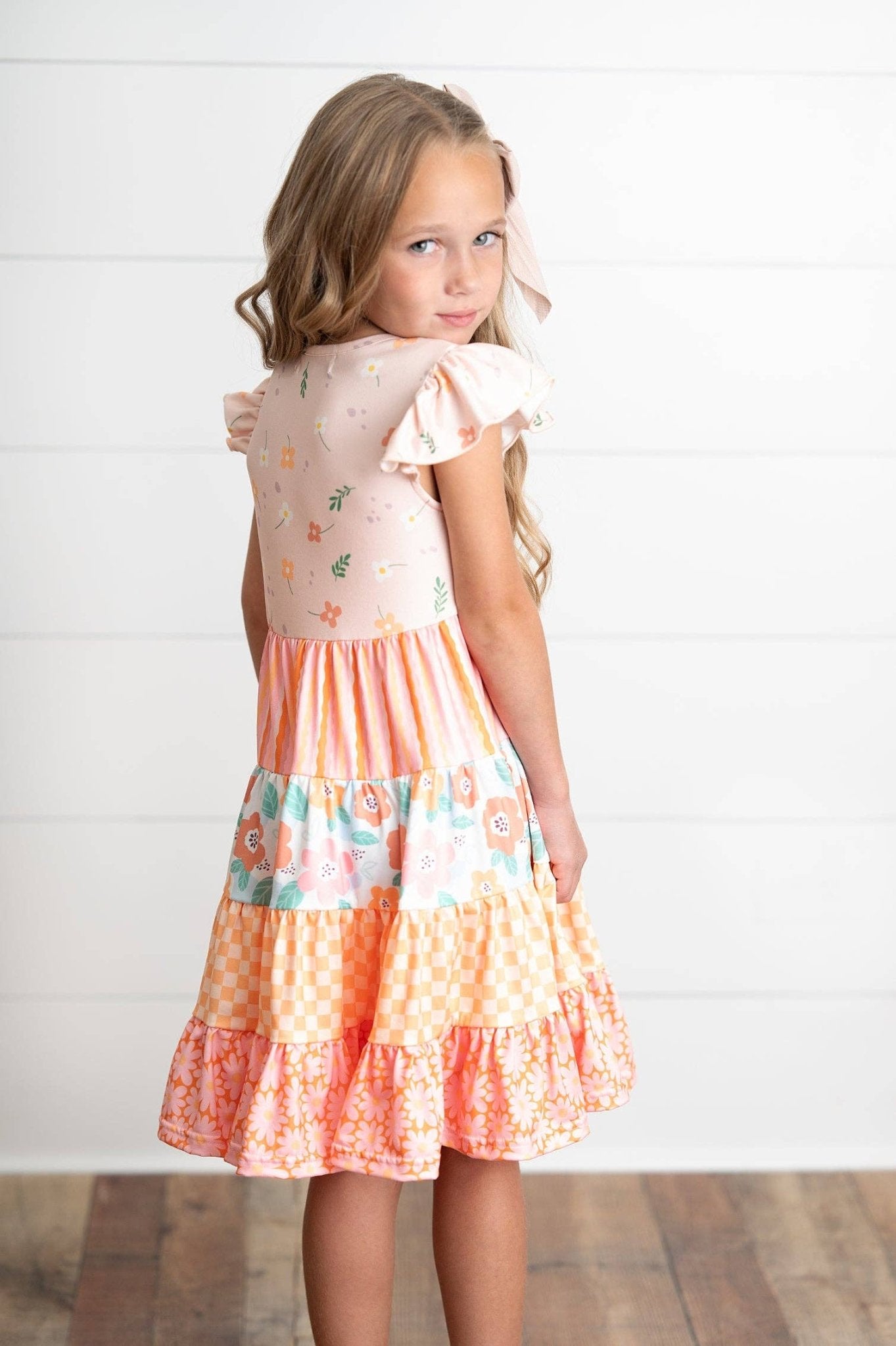 Girls Ava Peach Retro Floral Tiered Spring Easter Dress - Tiny Tots Boutique