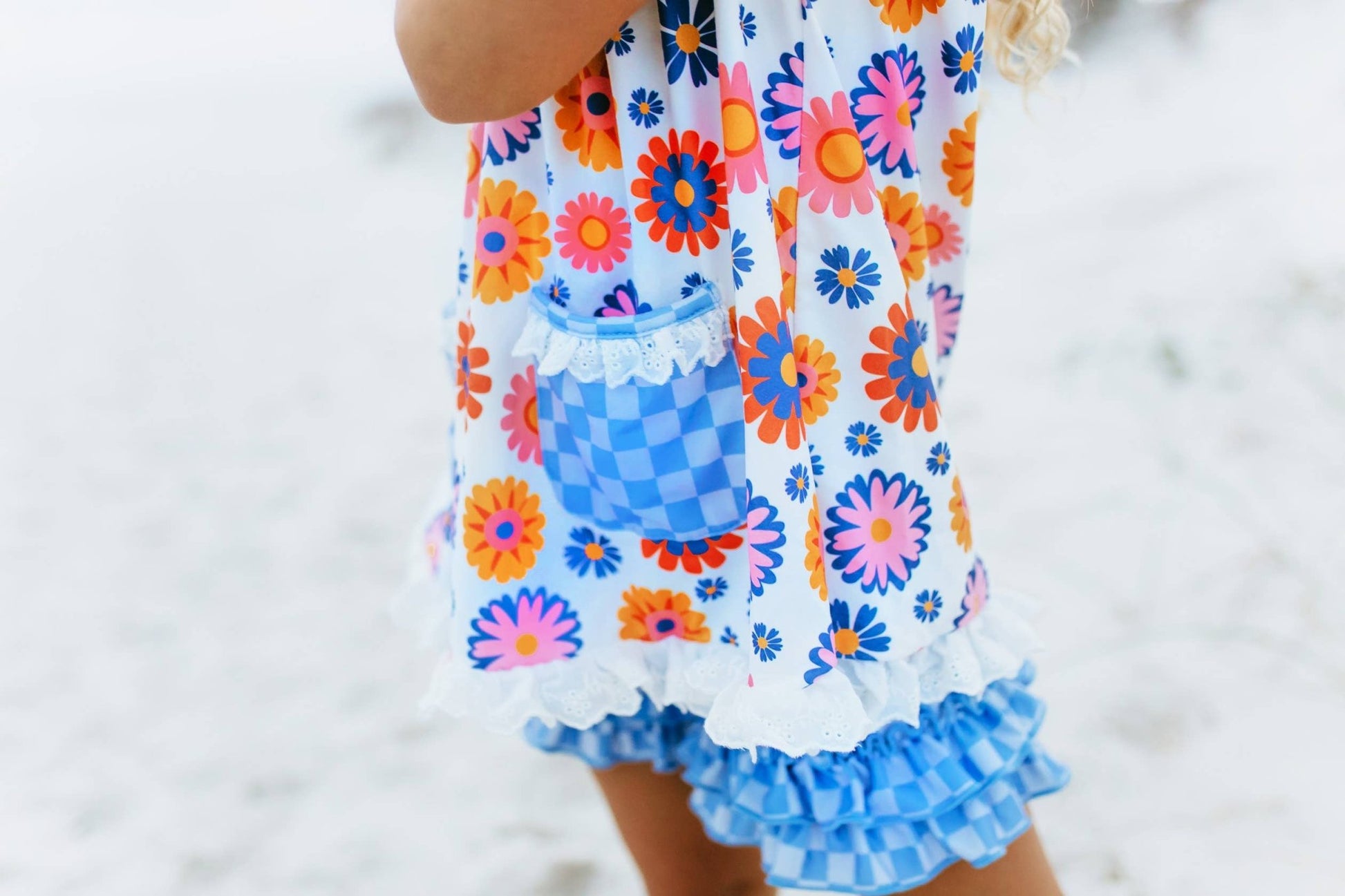 Girls Blue Check Flower Power Spring Summer Short Set - Tiny Tots Boutique