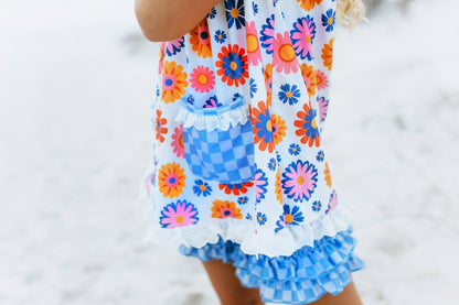 Girls Blue Check Flower Power Spring Summer Short Set - Tiny Tots Boutique
