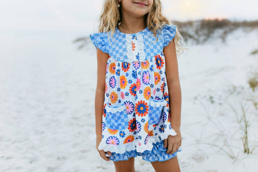Girls Blue Check Flower Power Spring Summer Short Set - Tiny Tots Boutique