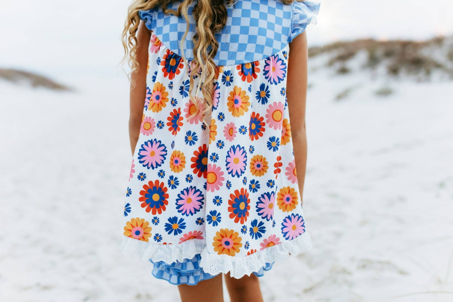 Girls Blue Check Flower Power Spring Summer Short Set - Tiny Tots Boutique