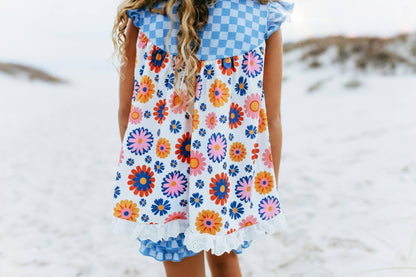 Girls Blue Check Flower Power Spring Summer Short Set - Tiny Tots Boutique