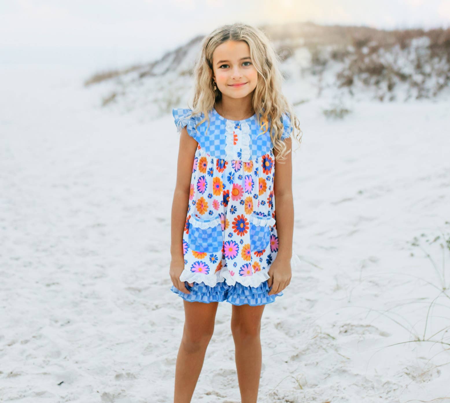 Girls Blue Check Flower Power Spring Summer Short Set - Tiny Tots Boutique