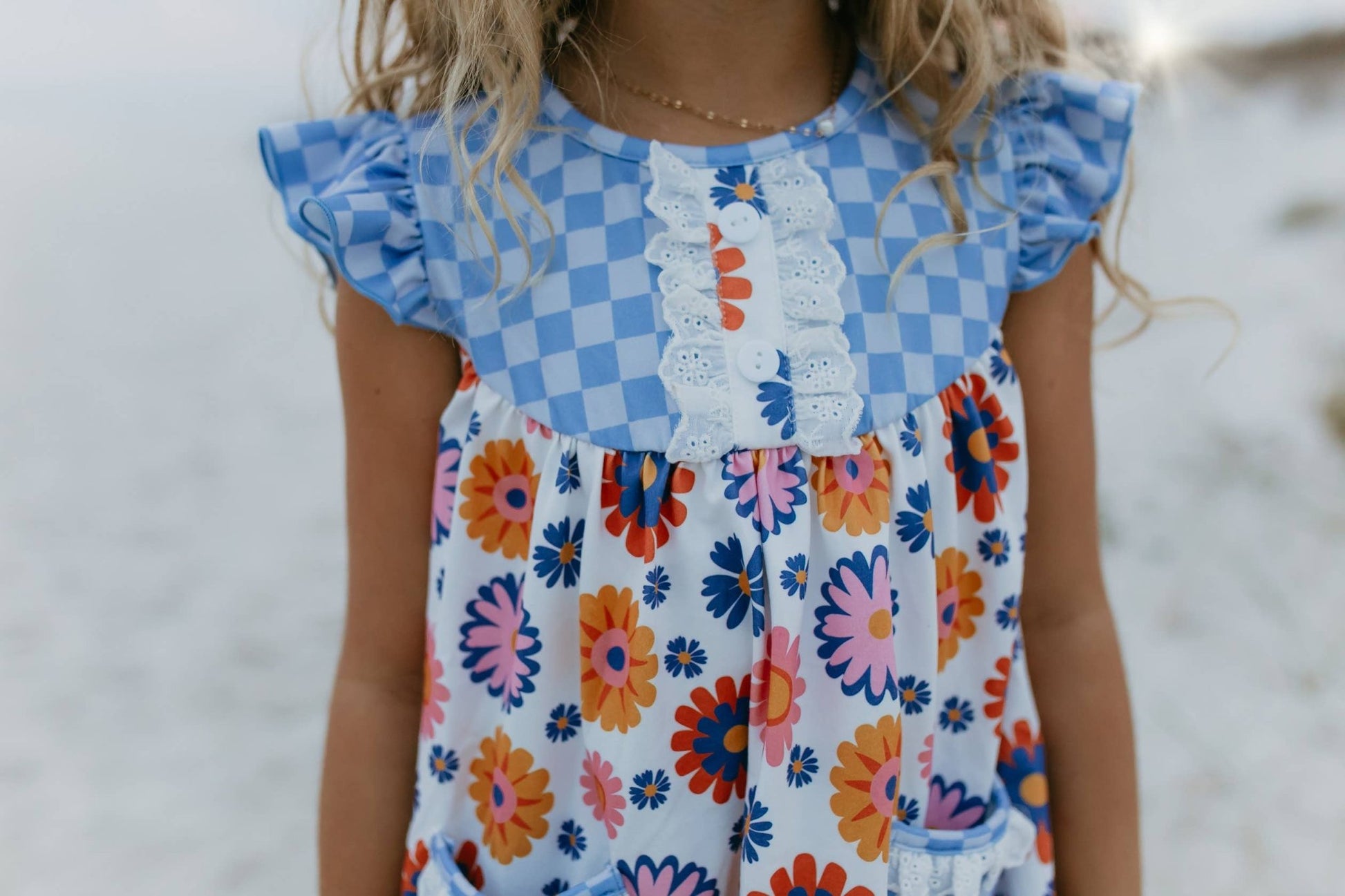 Girls Blue Check Flower Power Spring Summer Short Set - Tiny Tots Boutique