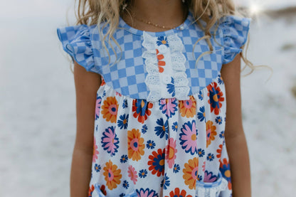 Girls Blue Check Flower Power Spring Summer Short Set - Tiny Tots Boutique