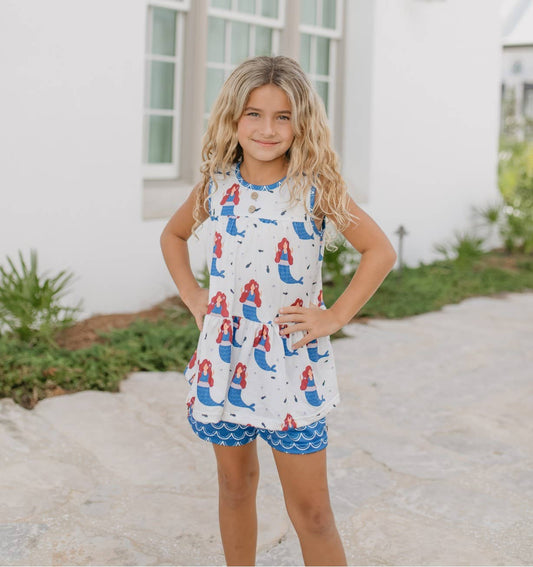Girls Blue Mermaid Tiered Crossback Top & Spring Short Set - Tiny Tots Boutique