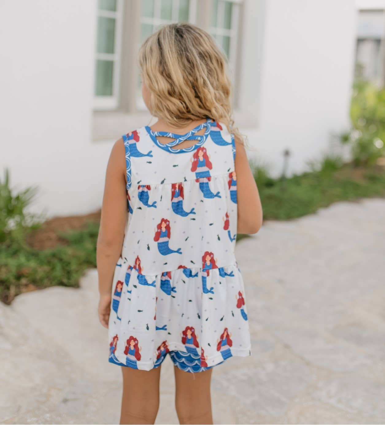 Girls Blue Mermaid Tiered Crossback Top & Spring Short Set - Tiny Tots Boutique