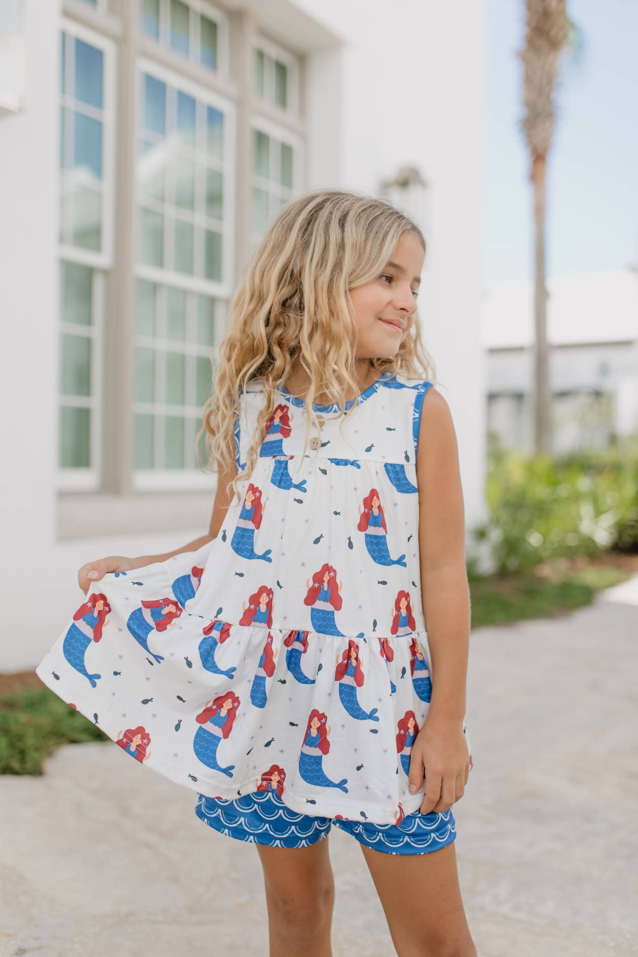 Girls Blue Mermaid Tiered Crossback Top & Spring Short Set - Tiny Tots Boutique